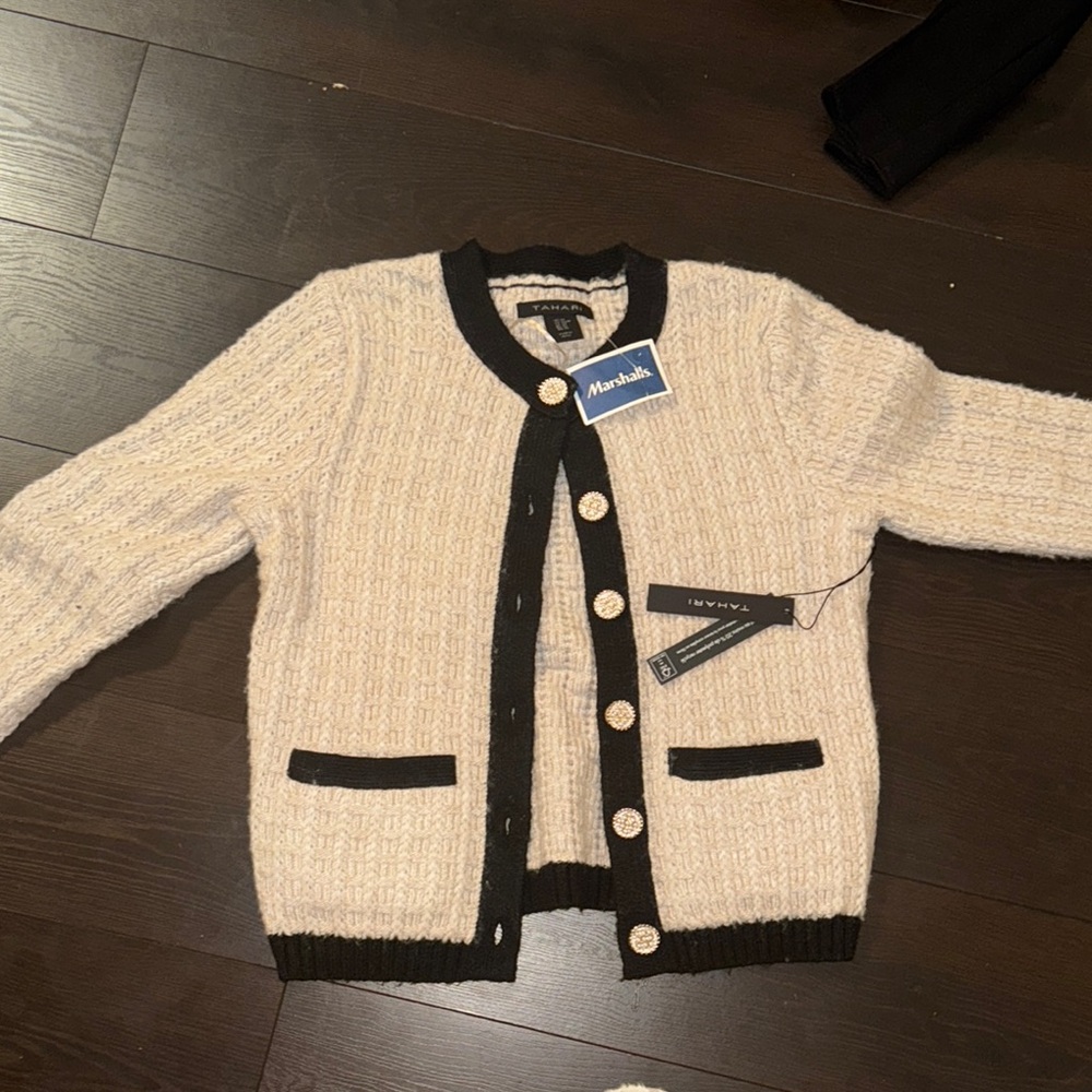Tahari Cream and Black Cardigan Sweater